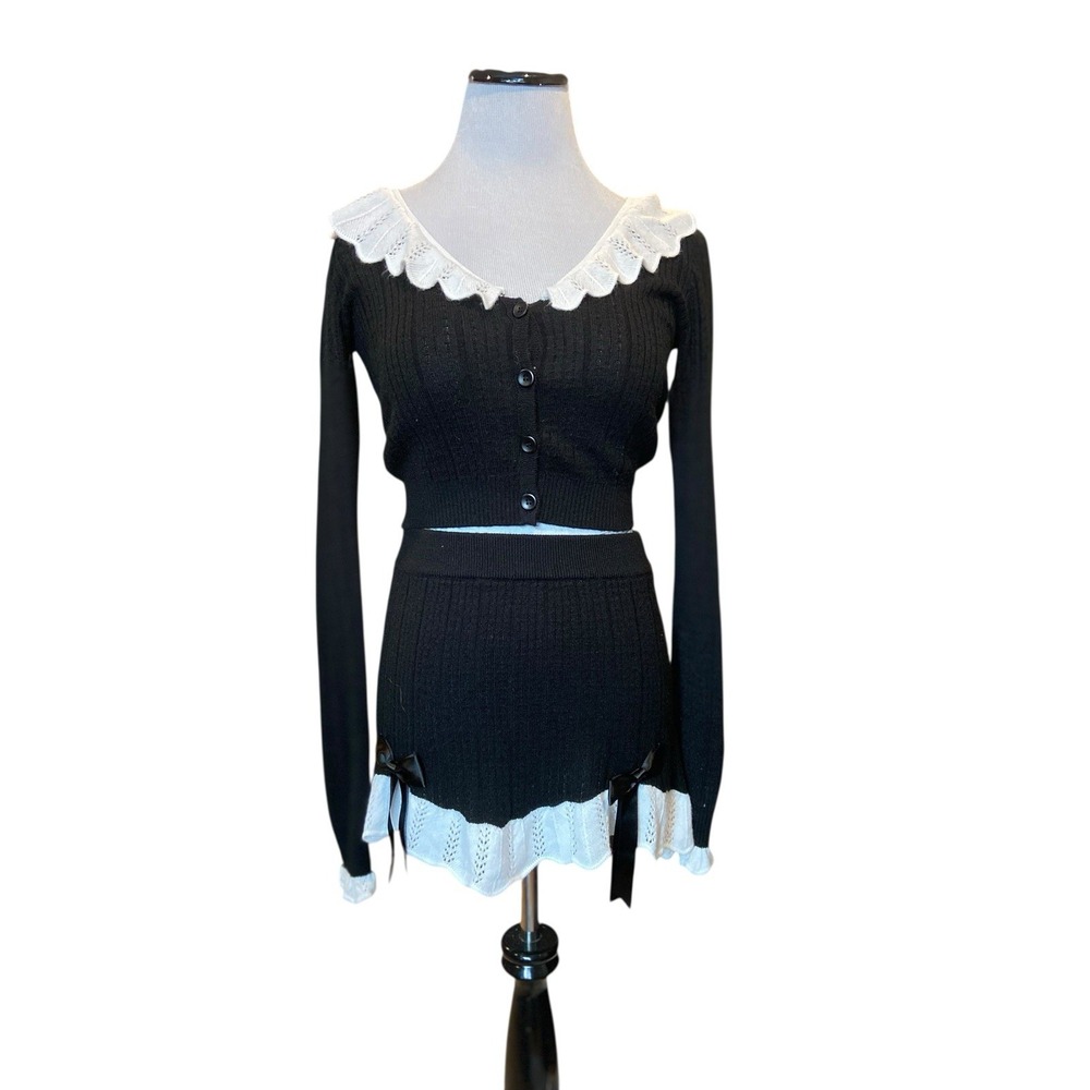 Dolls Kill Widow‎ Knit Cardigan & Mini Skirt Set Size XS Bows Lace Goth Coquette